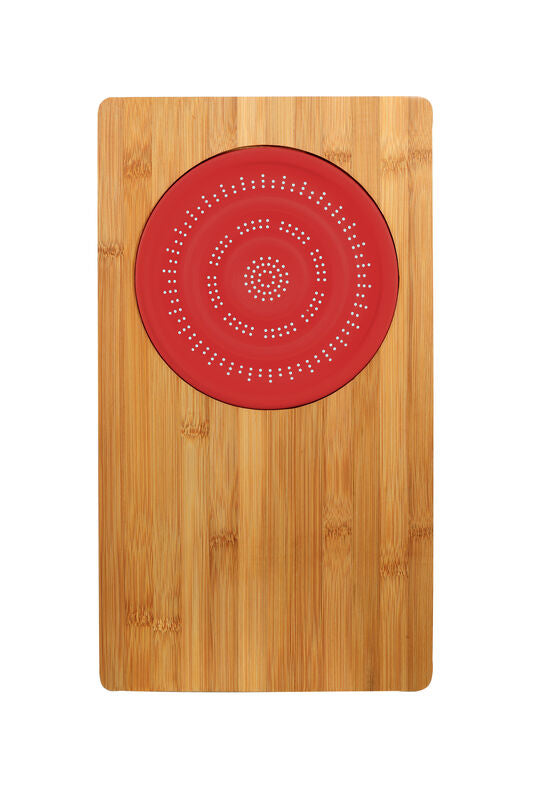 Bamboo Cutting Board with Red Silicone Colander