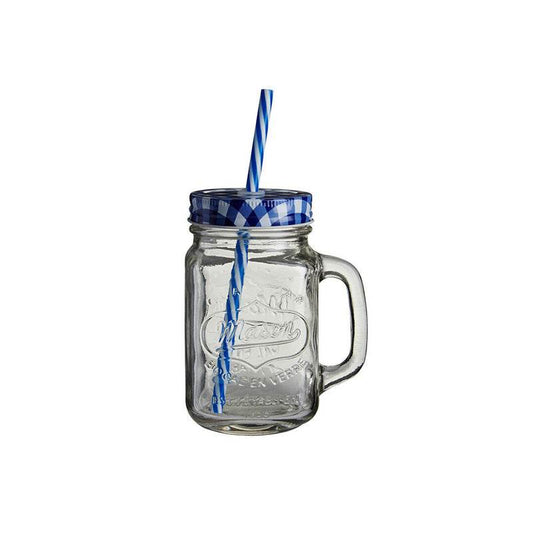 Embossed Mason Square Jar Mug With Blue Gingham Lid - Premier Home