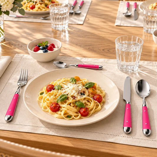 16-piece cutlery set with pink handles including fork, knife and spoon on a linen placemat beside a pasta dish on a dining table