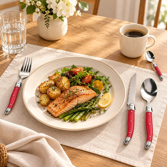 Red stainless steel cutlery set with fork, knife and spoon arranged on a linen placemat beside a plated salmon dinner