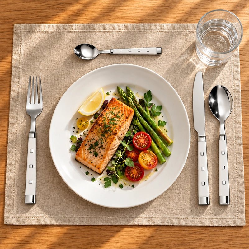 16-piece white handle cutlery set with fork, knife and spoon arranged on a linen placemat beside a plated salmon and asparagus dinner