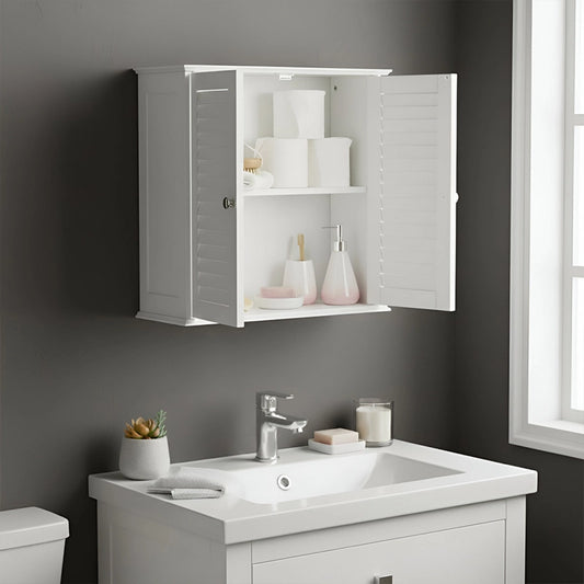 White 2-door wall cabinet above bathroom sink with open shelves and toiletries
