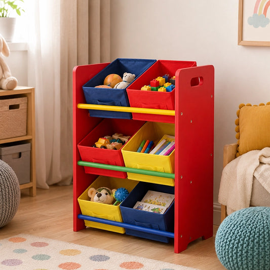 Colourful 3-tier kids toy storage unit with books, balls and soft toys
