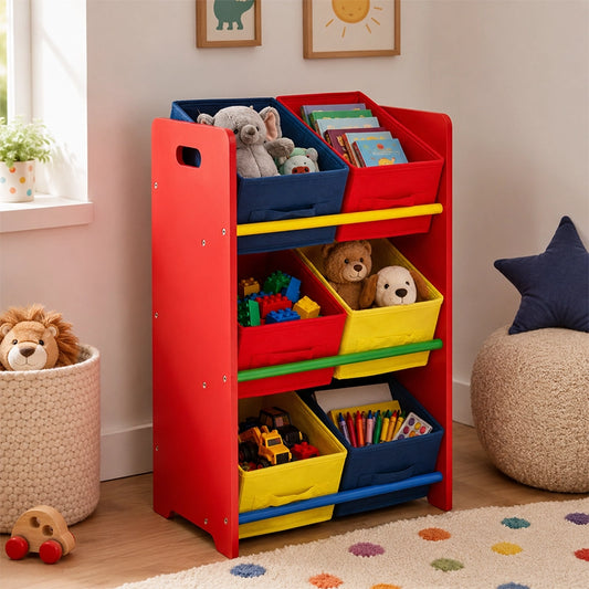 Red and blue kids toy organiser with three open storage tiers and books