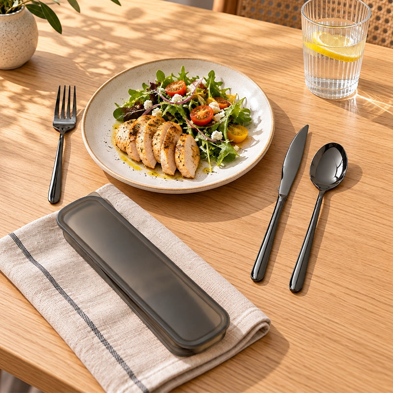 3-piece black cutlery set with fork, knife and spoon beside a dark grey travel case and a pasta dish on a linen placemat