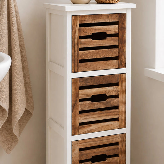 Close-up of tall 4-drawer chest with wooden slatted drawers and white frame