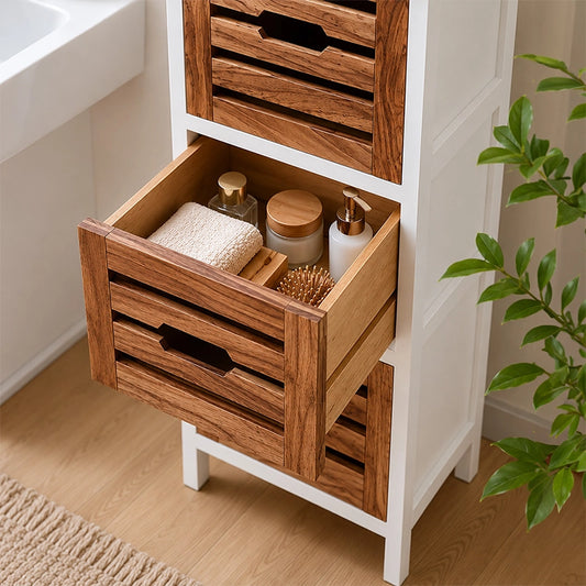 Open wooden drawer chest showing bathroom towels and toiletries inside