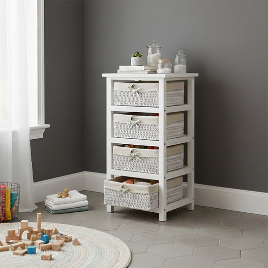 White bathroom storage unit with four maize baskets and toiletries on top