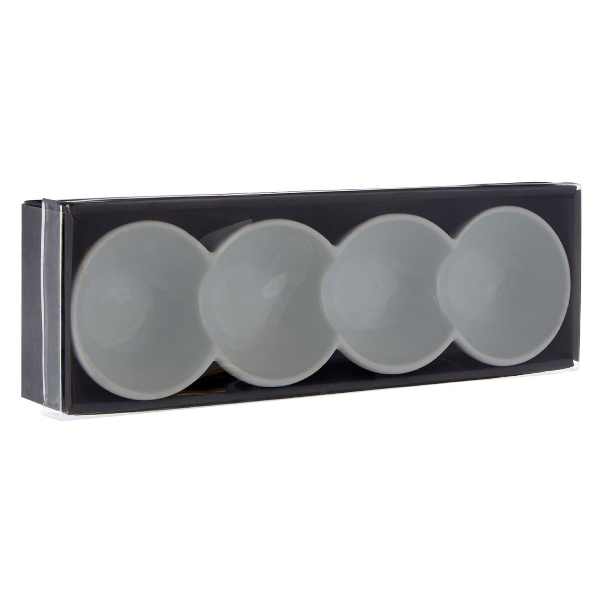 White four-section snack dish set displayed in a black presentation holder