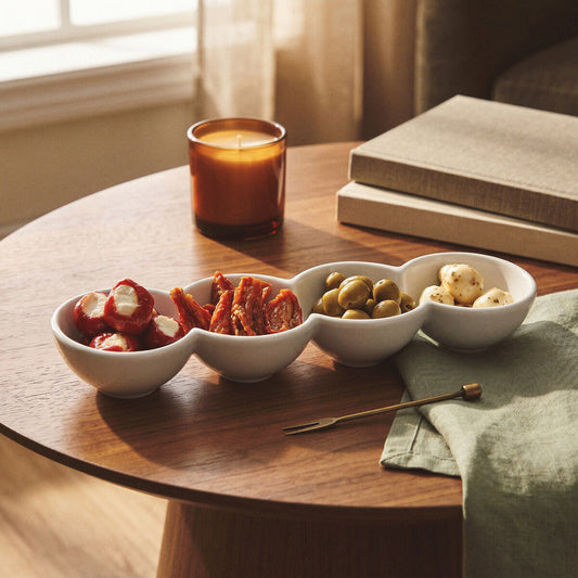 White four-section snack dish filled with assorted appetisers on a wooden coffee table
