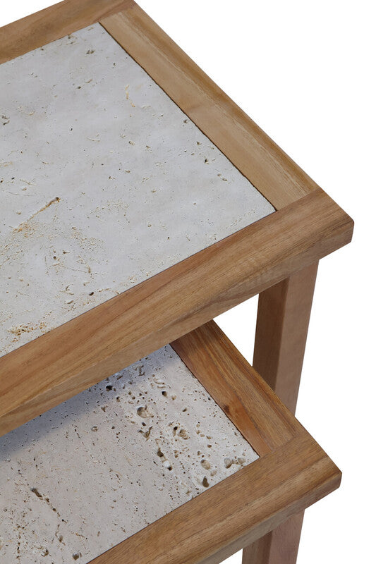 Set Of 2 Tables, Solid Wood With Travertine Tops