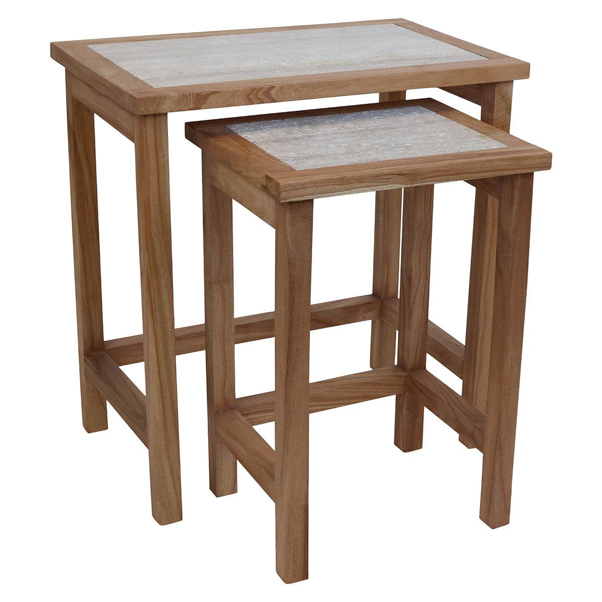 Set Of 2 Tables, Solid Wood With Travertine Tops - Premier Home