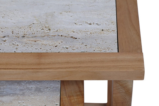 Set Of 2 Tables, Solid Wood With Travertine Tops