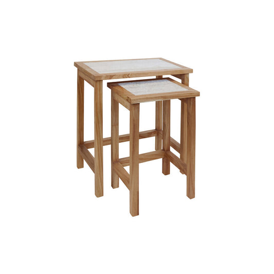 Set Of 2 Tables, Solid Wood With Travertine Tops