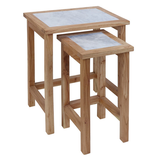 Set Of 2 Tables, Solid Wood With Ziarat White Tops