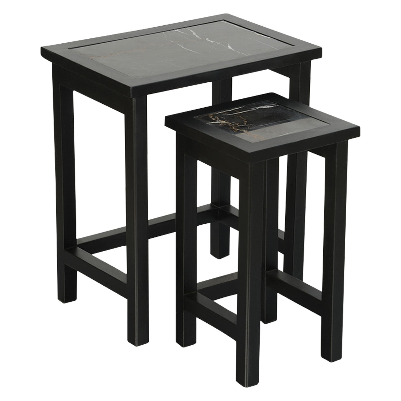 Set Of 2 Tables, Solid Wood With Black And White Tops
