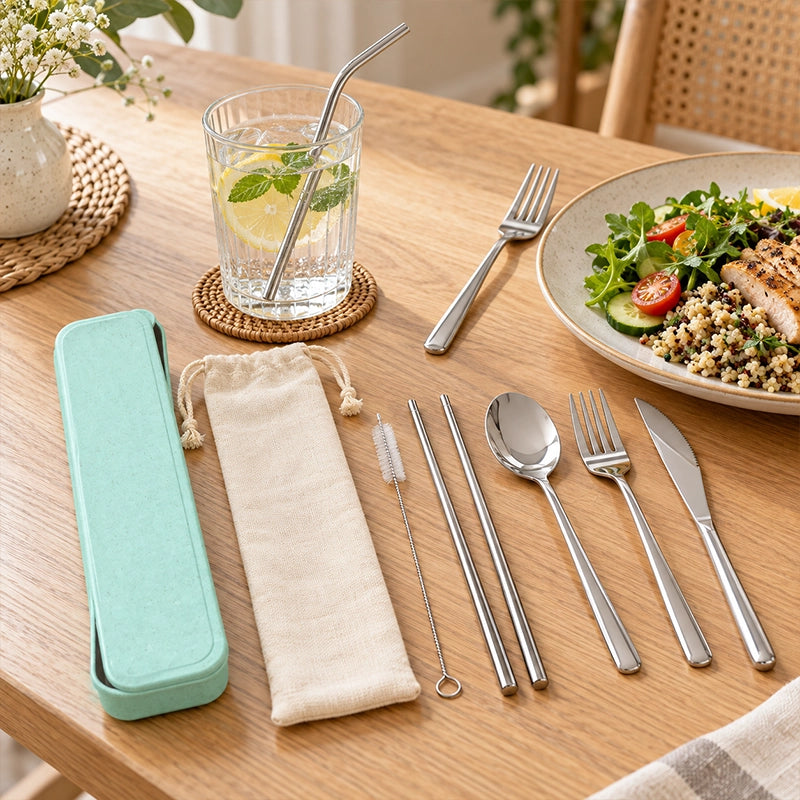 6-piece silver cutlery set with mint travel box including fork, knife, spoon and chopsticks beside a grain bowl and drink on a wooden table