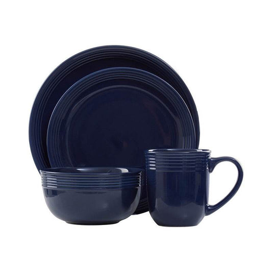 Elmira 16 Piece Dark Blue Stoneware Dinner Set With Grooves - Premier Home