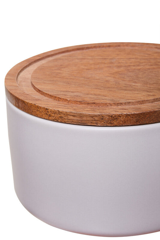 Decorative Stackable White Storage Jar W/Acacia Wood Lid