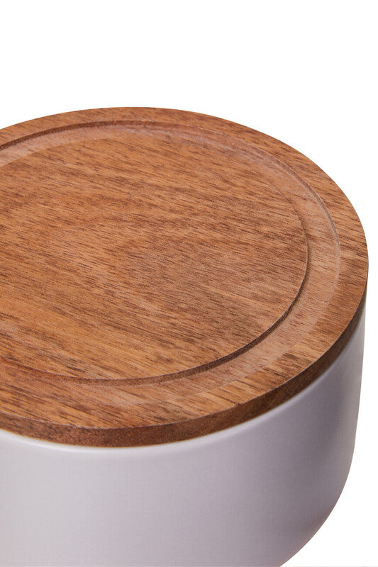 Decorative Stackable White Storage Jar W/Acacia Wood Lid