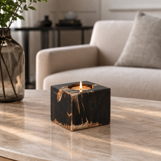 Black cube candle holder with gold veining and a lit candle displayed on a modern coffee table