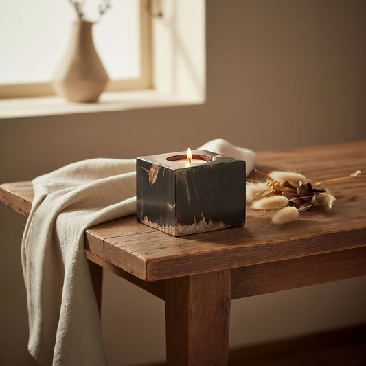 Black square candle holder with gold veining and a lit candle styled on a wooden table