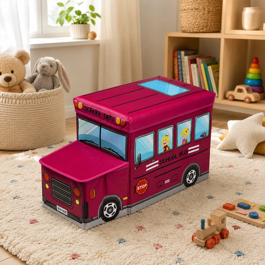 Hot pink school bus kids storage box seat in colourful playroom