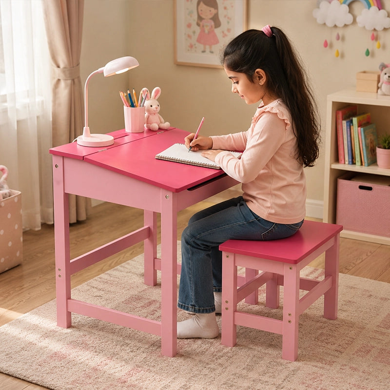 Pink children's desk and stool set with girl writing in kids bedroom