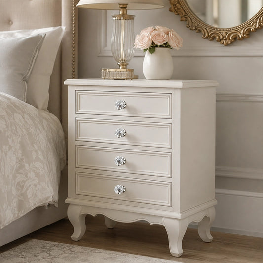 Clear decorative drawer knobs fitted to a white bedside chest of drawers