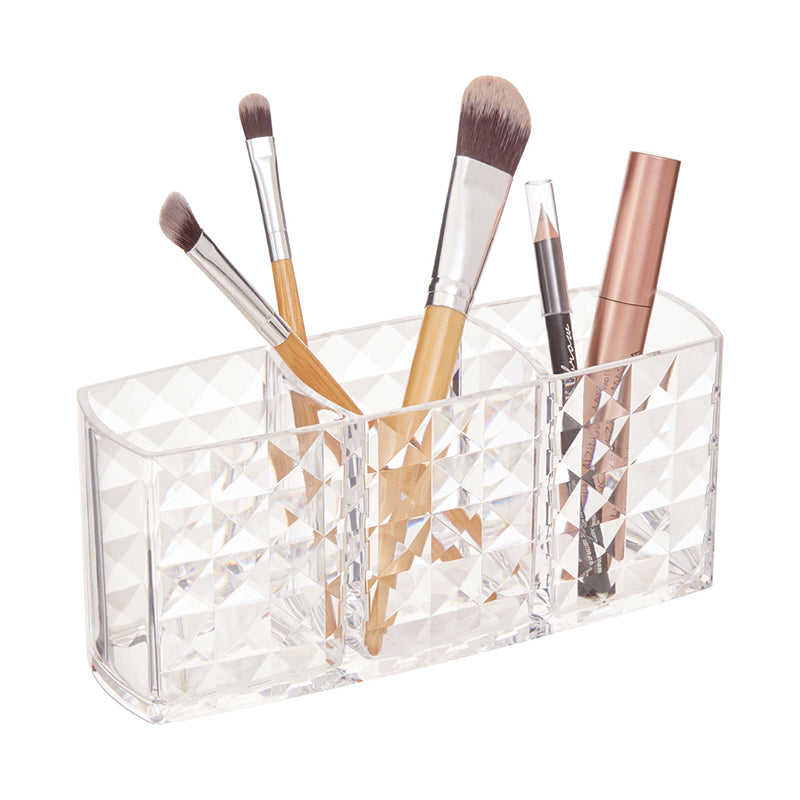 Cosmetic organizer with 3 compartments, ideal for neatly storing makeup and skincare essentials.