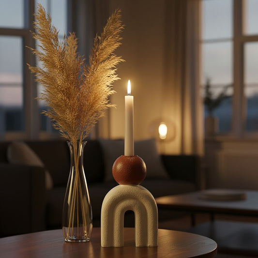 Cream arch-shaped candle holder with rounded brown detail and a tall lit taper candle