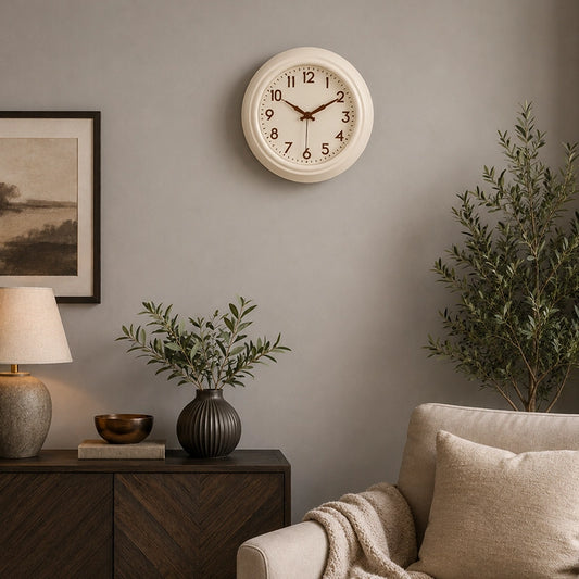 Cream colour wall clock above sofa with neutral cushions and plant