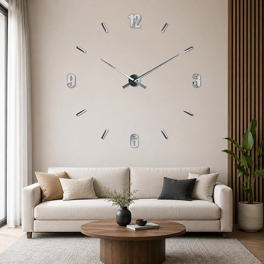 DIY mirrored wall clock with silver numbers above living room sofa