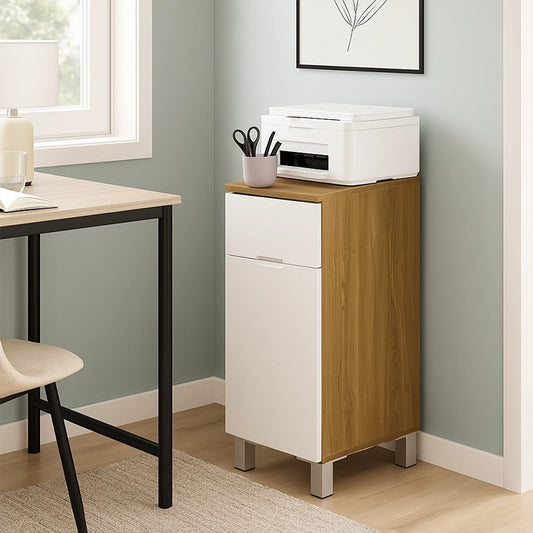 Slim wood and white floor standing cabinet beside home office desk