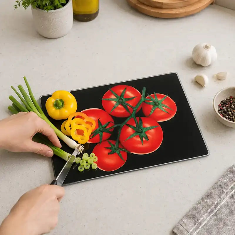 Black glass chopping board used for preparing tomatoes, peppers and spring onions