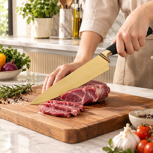 Gold-handled chef knife slicing raw steak on a wooden cutting board with garlic and fresh rosemary