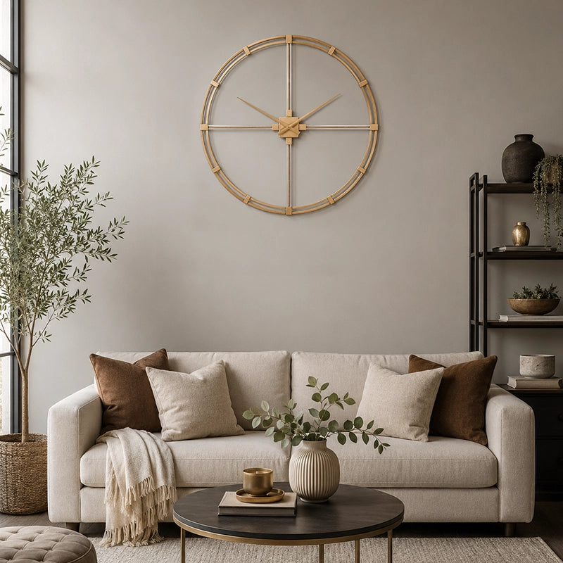 Gold metal wall clock with open frame above sofa and side table