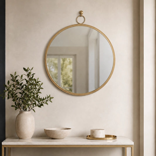 Gold round wall mirror above bathroom shelf with small plant