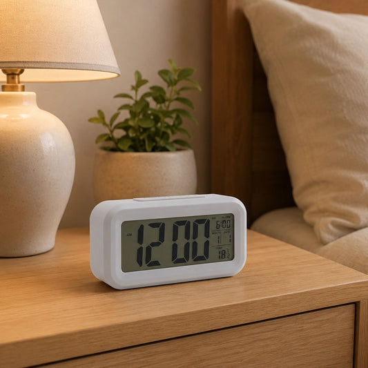 Grey digital alarm clock on bedside table with lamp and cushions