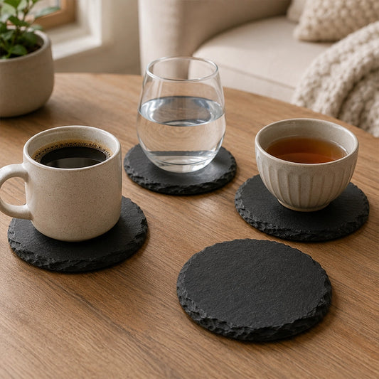 Grey round textured drink coasters styled with tea and coffee cups on a wooden table