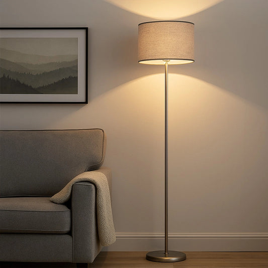 Grey shade floor lamp beside armchair in modern living room