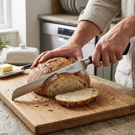 Stainless steel serrated bread knife cutting a sourdough loaf on a wooden chopping board