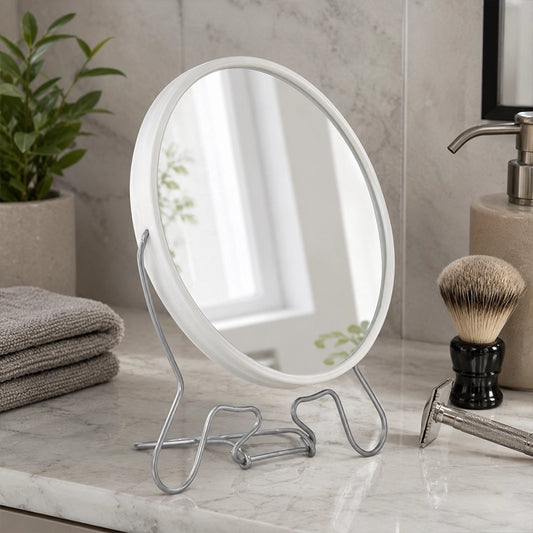 Large white shaving mirror on bathroom counter