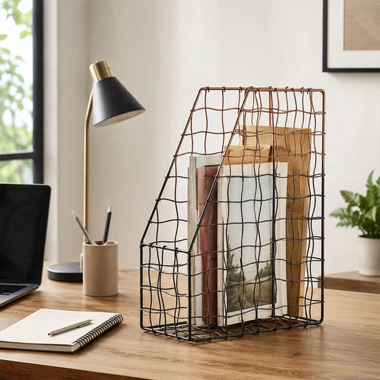 Black wire magazine holder with wooden base beside office desk