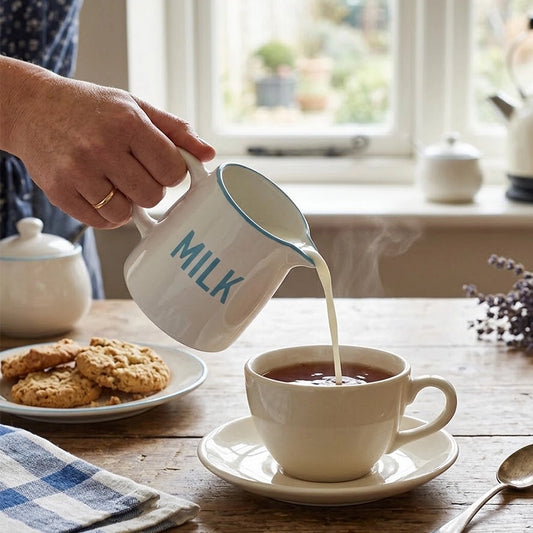 White ceramic milk jug with blue rim pouring milk into a cup of tea