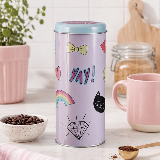 Pink storage canister with lid and colourful printed design displayed on a kitchen worktop