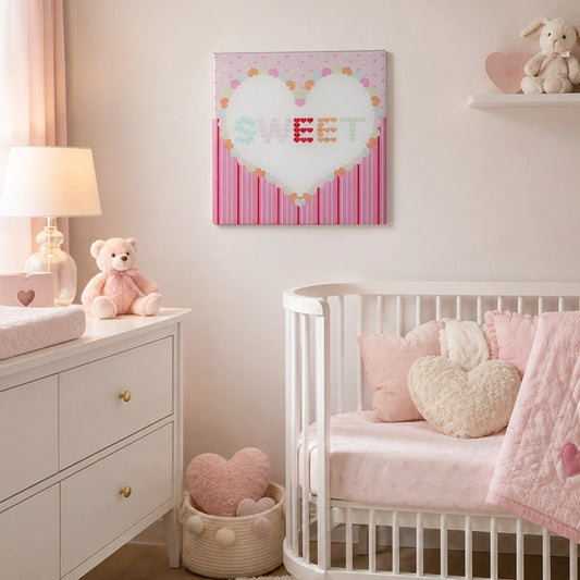 Pink SWEET heart wall art styled above a white cot in a cosy baby room