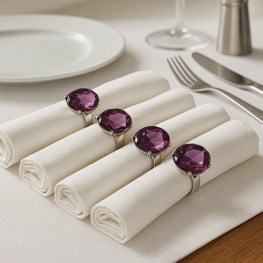 Purple diamante napkin rings with faceted crystal design styled on white table napkins