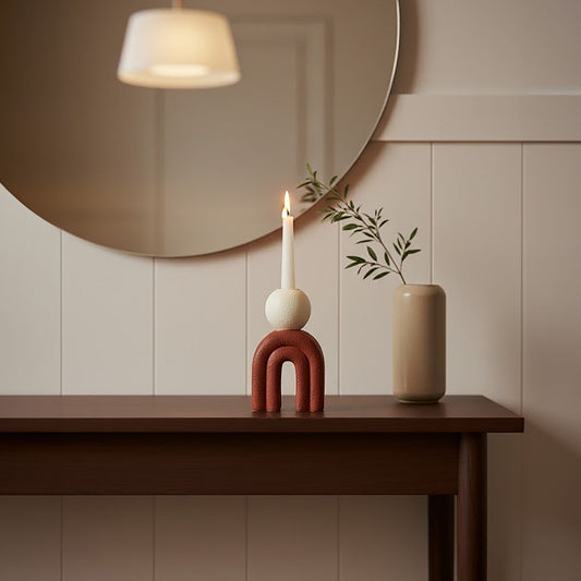 Red sculptural candle holder with white taper candle displayed beneath a round wall mirror