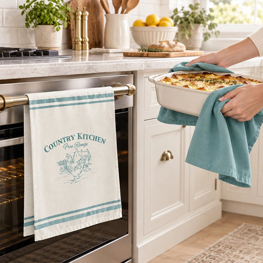 Set of 2 white cotton kitchen tea towels with teal country kitchen print hanging on an oven handle